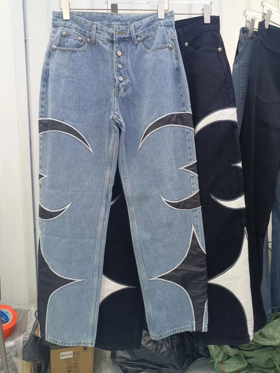 letter embroidery pu leaher patchwork baggy y2k jeans mens streetwear straight oversized denim trousers unisex cargo pants military streetwear pants