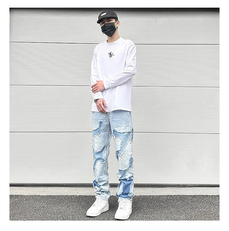 ripped irregular patchwork design denim jeans men casual zipper biker trousers jeans fashion streetwear hip hop pants joggers unique joggers style 2610