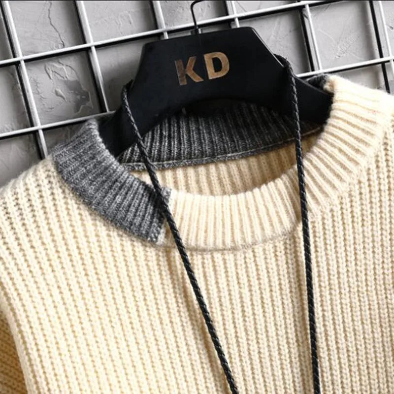 Autumn Winter Men Sweater Warm Top New Fashion Stitching Color Matching Pullover Round Neck Sweater Thickened Knitted Sweater Street King Limited