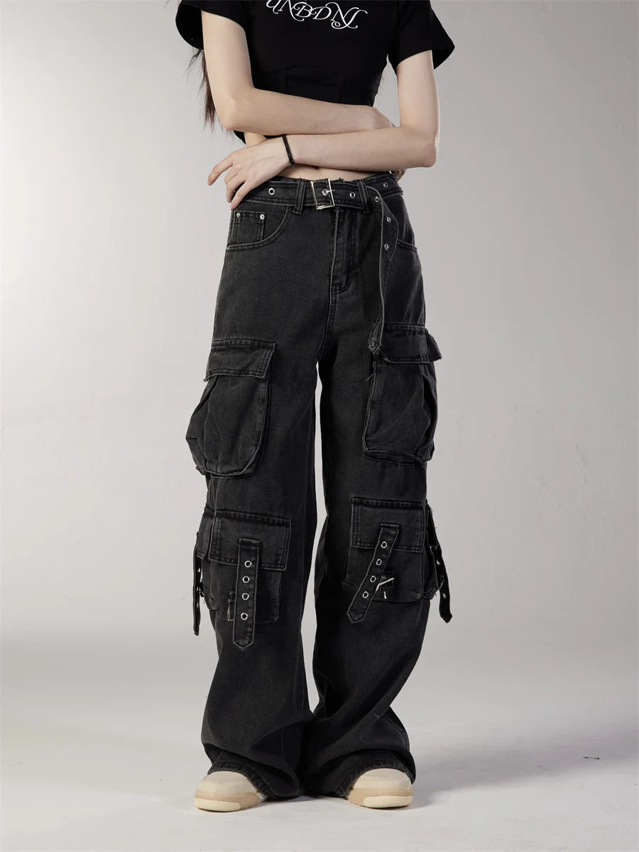 fashion loose streetwear cargo denim jeans unisex casual multi pocket straight jean pants with belt hip hop joggers baggy jeans unique joggers style 2703