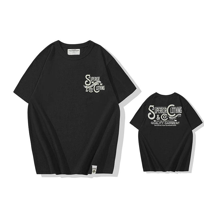 Vintage Amekaji Letter Printed T-shirt Men 2022 Spring Summer New Round Neck Short Sleeve Motorcycle T Shirt Cotton Tees Street King Limited