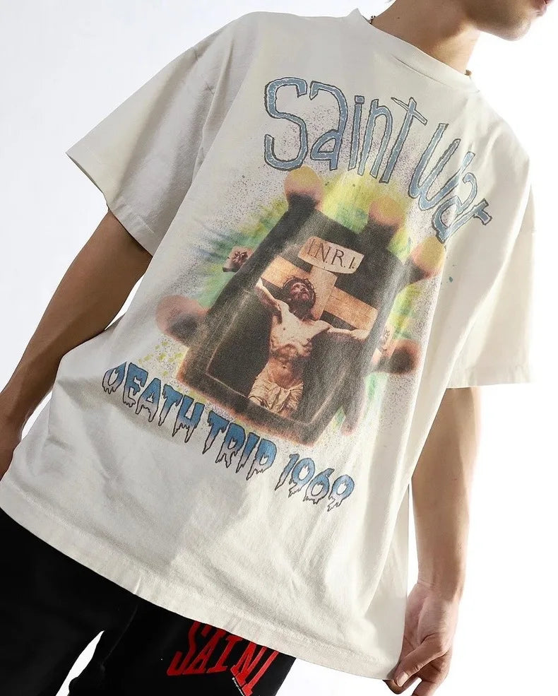 24SS New Vintage Retro Cross Printing Washed Distressed Short Sleeves T-Shirt Tops Street King Limited
