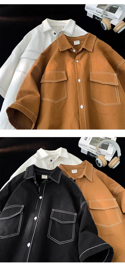 Retro trendy and personalized unisex style short sleeved men and women summer Korean street loose lapel couple work top y2k Street King Limited