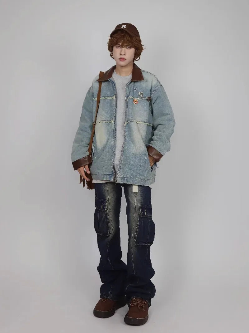 burr edge vintage mens denim jacket spring american patchwork lapel washed cowboy coats loose harajuku couple outwear new unique jeans style 2214