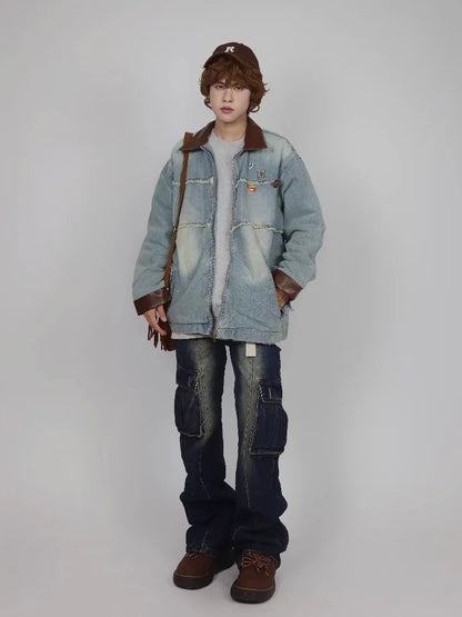 burr edge vintage mens denim jacket spring american patchwork lapel washed cowboy coats loose harajuku couple outwear new unique jeans style 2214