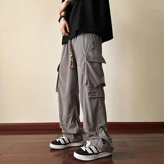 y2k vintage cargo pants for men hip hop corduroy straight wide leg trousers autumn casual baggy pockets streetwear sweatpants relaxed fit joggers