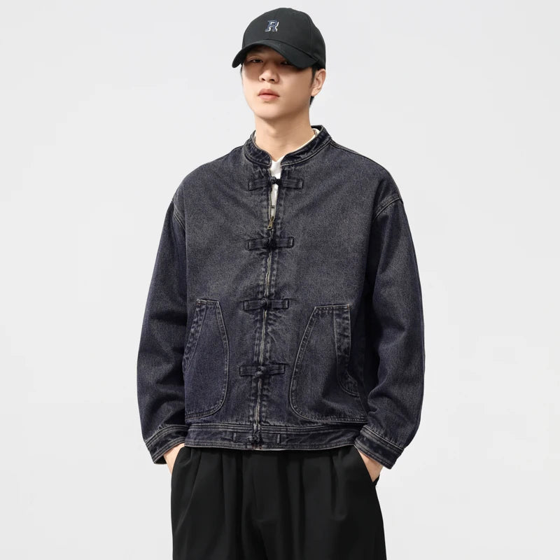 men spring autumn streetwear fashion retro loose casual plus size stand collar denim jacket man jeans coat outerwear stacked flare jeans