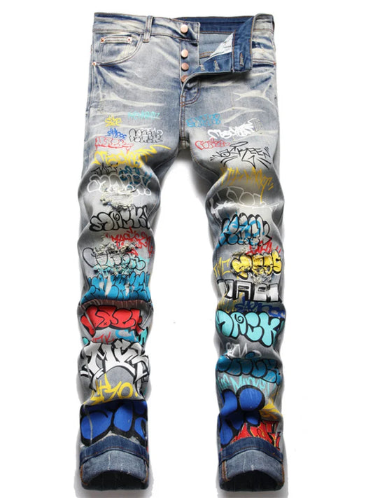letter graffiti printed denim jeans pants mens punk bottons biker jeans streetwear slim fit hip hop new casual y2k pants joggers sporty tapered joggers