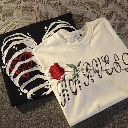 Pure cotton American retro dark skeleton short-sleeved T-shirts for men and women summer ins loose street style couple y2k tops Street King Limited