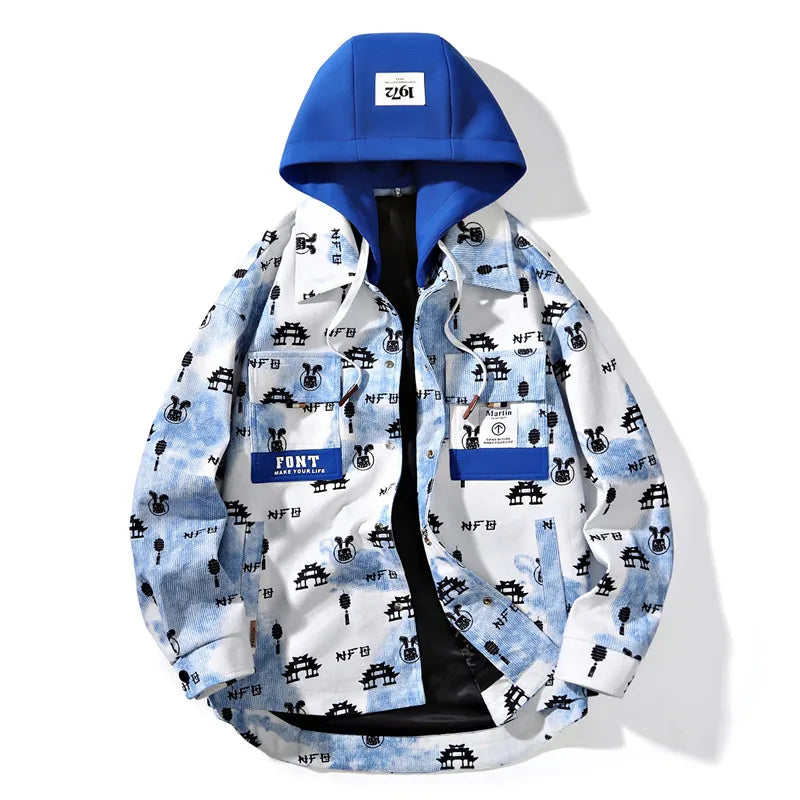 full print jackets for men spring autumn new colour clash hooded coat chest pockets design y2k jackets large size hip hop urban fashion pants