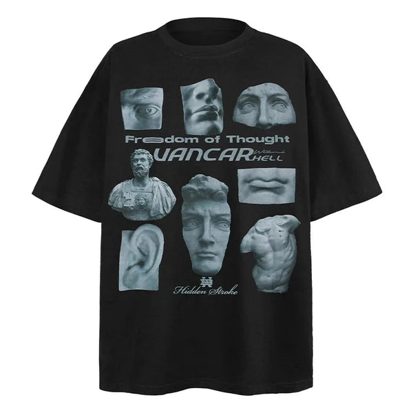 Men T Shirts Funny Statue Face Print Short Sleeves T Shirt High Street Loose Tees Vintage Casual Cotton Tops Black Brown Street King Limited