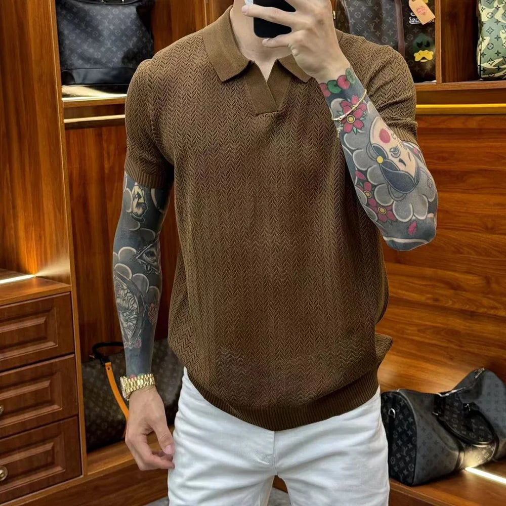 Mens Perspective Casual Cotton Knitted T-Shirt Daily Breathable Versatile Solid Color Simple Comfortable Elastic Top 2024 Summer Street King Limited