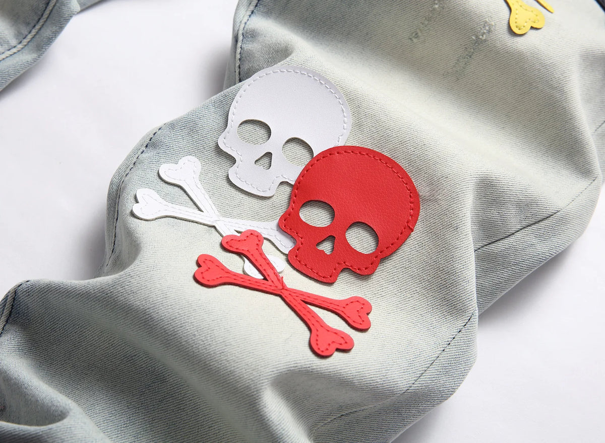 2023 brand new patch light skull head bone chemist tie dyed jeans cotton denim pants comfort casual skinny jeans 32 44 266 unique jeans style 5650