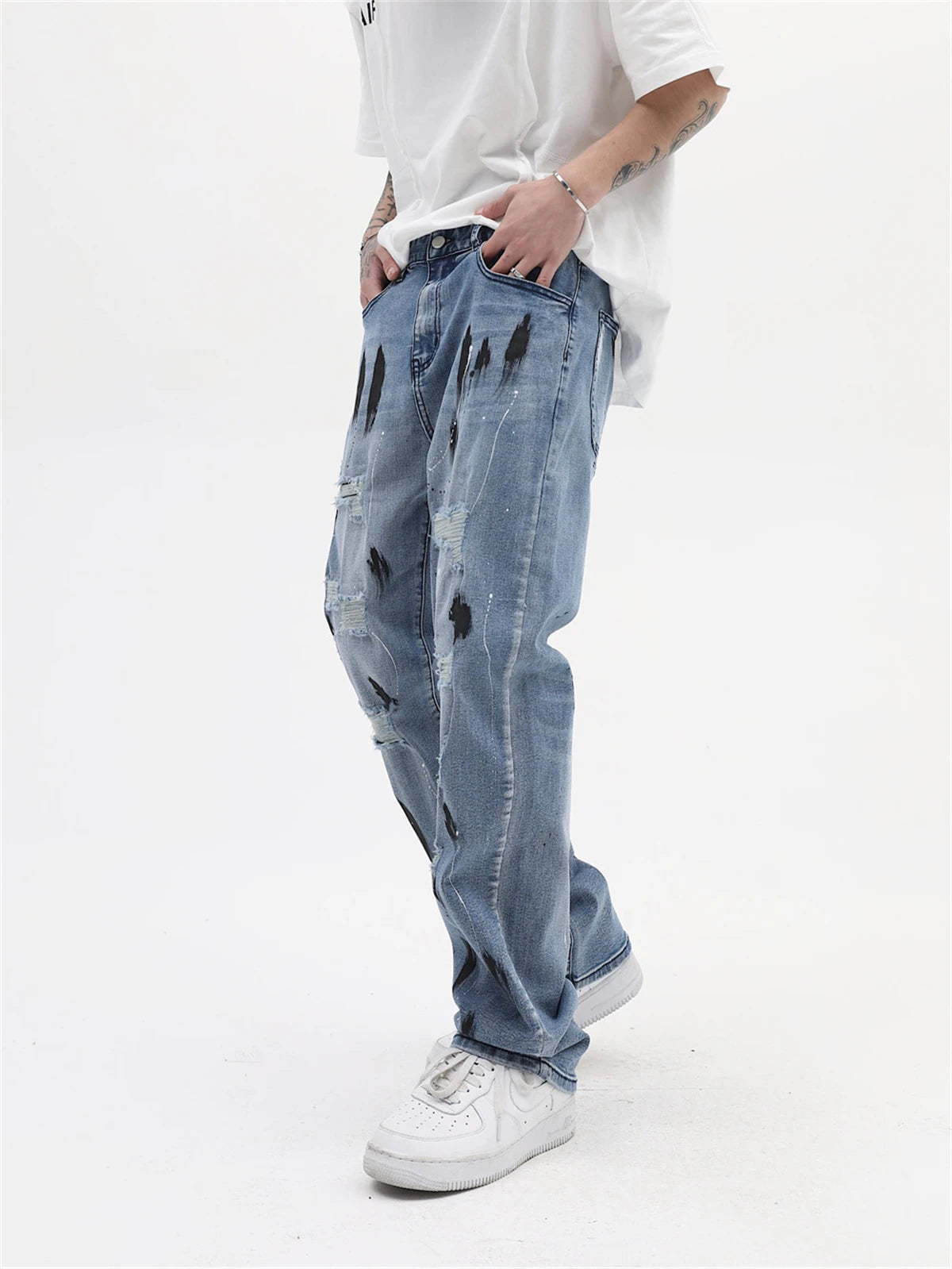 mens vintage jeans 2023 new ripped holes straight denim pants streetwear hip hop harajuku jeans trousers unique jeans style 3799