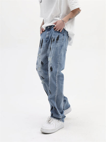 mens vintage jeans 2023 new ripped holes straight denim pants streetwear hip hop harajuku jeans trousers unique jeans style 3799