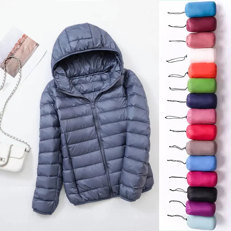 plus size thin light down jacket women 2023 autumn winter slim short hooded warm white duck down coat women outerwear streetwear drawstring street shorts