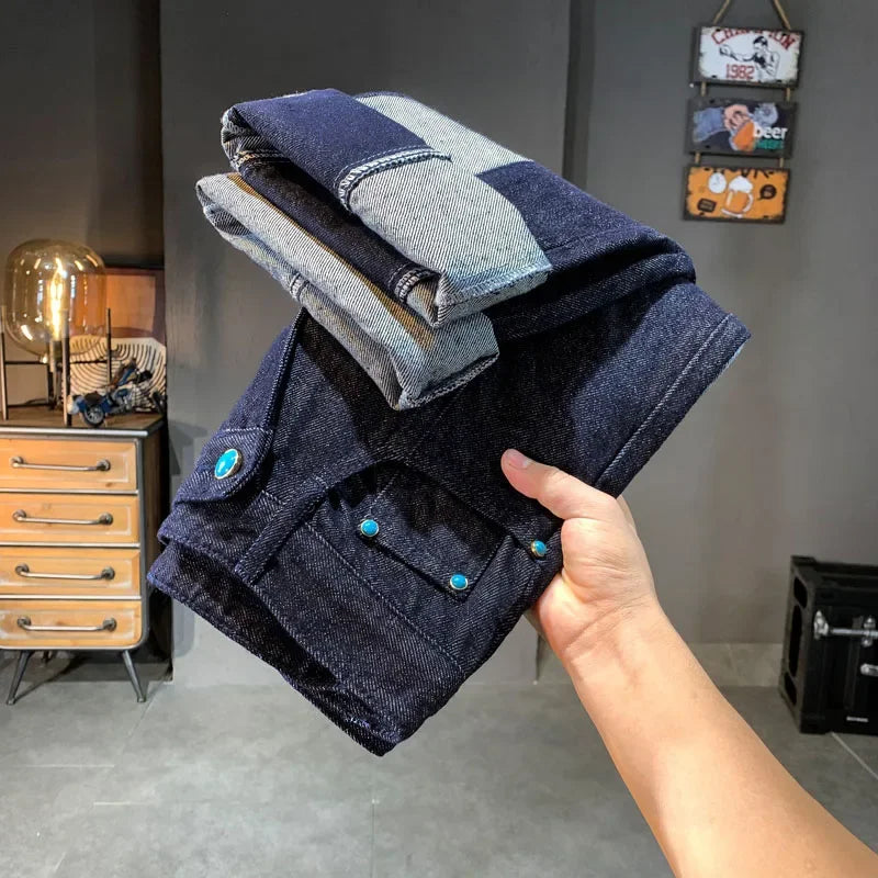 men streetwear splice denim fashion brand hip hop loose casual straight jeans pant cityboy deep blue y2k jeans trousers for men vintage washed jeans