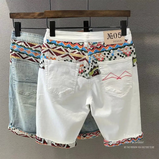 Summer New Denim Shorts Men's Stitching Embroidery Ripped Knee-length Shorts White 2024 Korean Fashion High Quality Jeans Street King Limited