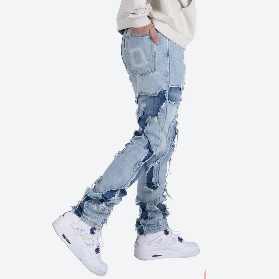high street vibe style patchwork frayed jeans pants for men retro washed hole ripped casual loose denim trousers oversized ripped baggy denim
