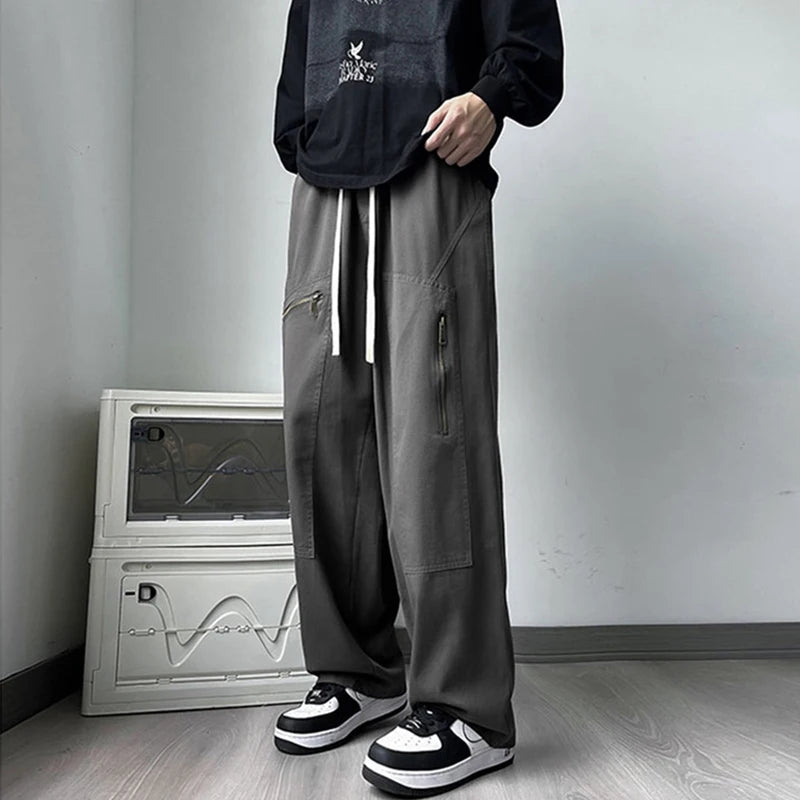 new korean fashion cargo straight pants for men autumn casual zipper pocket drawstring trousers classic tactical y2k pantalones 1 unique cargo style 228