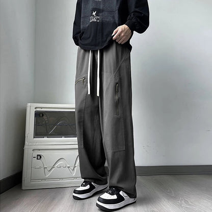 new korean fashion cargo straight pants for men autumn casual zipper pocket drawstring trousers classic tactical y2k pantalones 1 unique cargo style 228