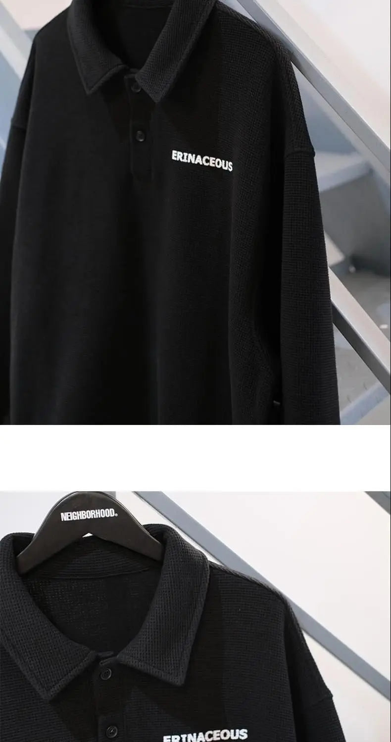 Spring new trendy brand ins loose casual polo lapel sweatshirt men's waffle top long-sleeved T-shirt women clothing y2k tops emo Street King Limited