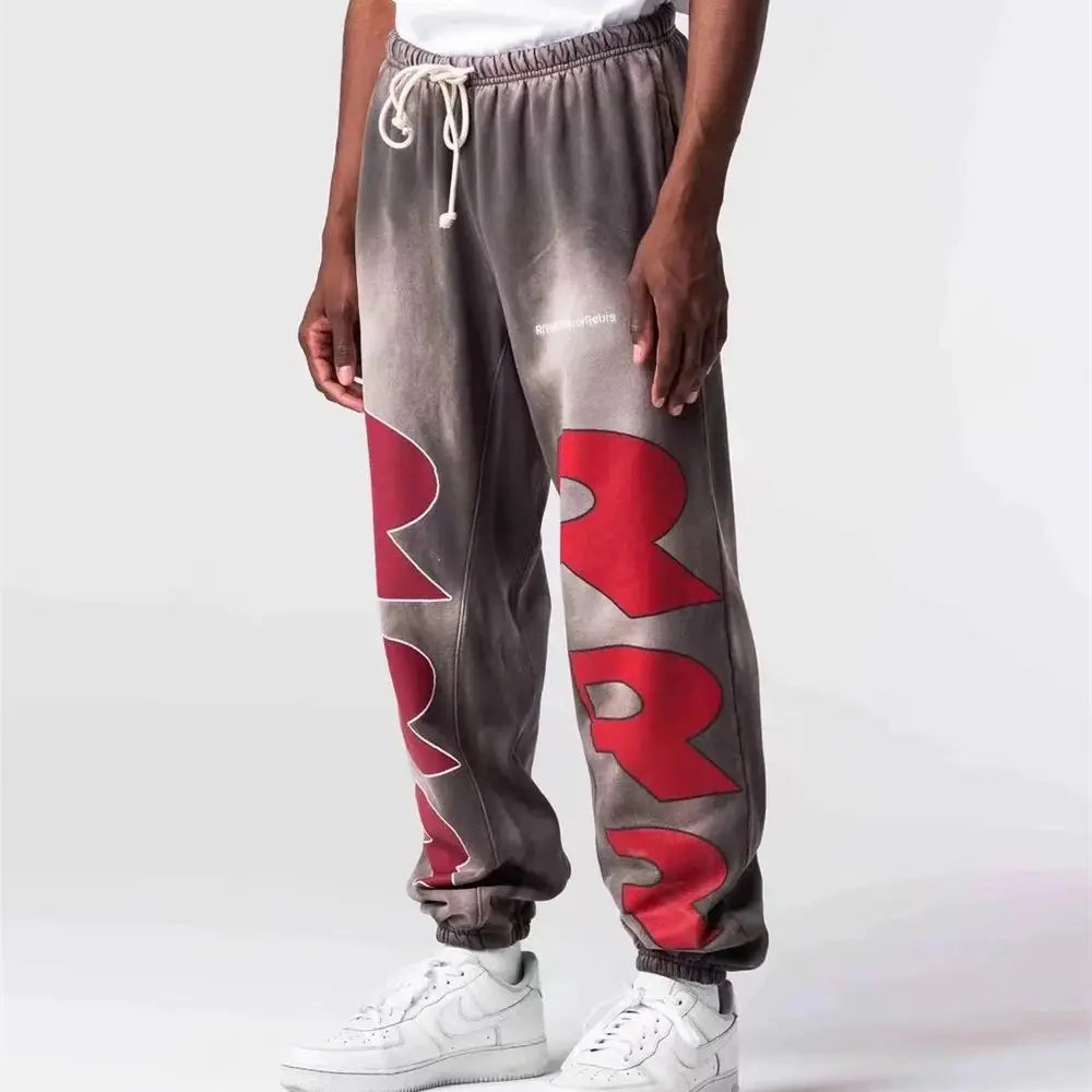 RRR123 24FW Sunshine Wash Brown Flower Grey Loose Drawstring Feet Guard Pants Street King Limited