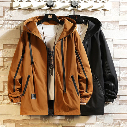 men workwear coat casual strip hoodids jacket unisex fashion hooded zipper tops outwear breathable waterproof windproof workwear relaxed fit trousers