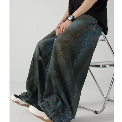 Summer High Street Hip Hop Jeans Mens Halo Dye Hole Washed Straight Denim Pants Loose Silhouette Retro Micro Flared Trousers Street King Limited