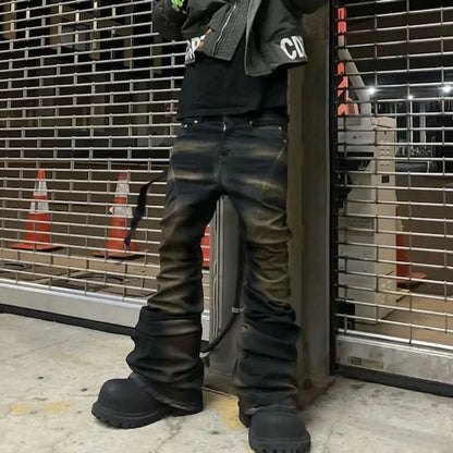 RO Ribbons Contrast Color Washed Micro Flared Jeans for Men Straight Casual Baggy Denim Trousers Ropa Hombre Loose Cargo Pants Street King Limited