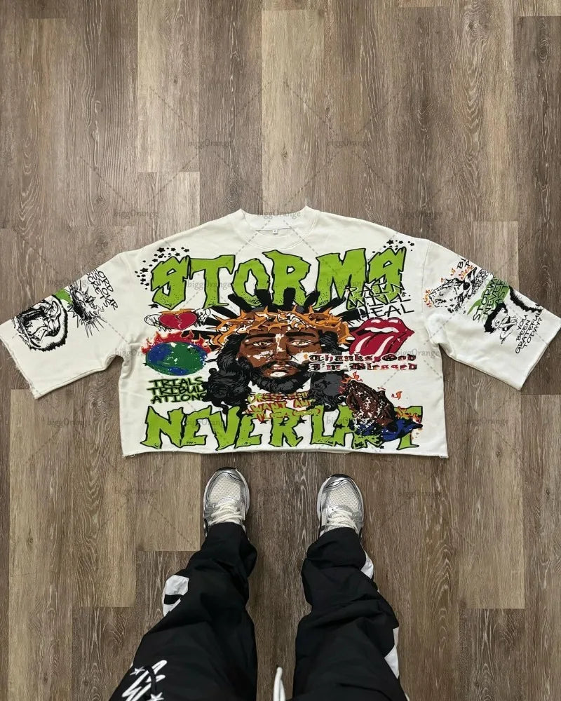 Gothic Punk Style Graphic T-shirt Harajuku Retro High Street Cross Print Top Men Hip-hop Cotton Casual Loose Trend Streetwear Street King Limited