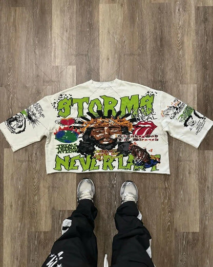 Gothic Punk Style Graphic T-shirt Harajuku Retro High Street Cross Print Top Men Hip-hop Cotton Casual Loose Trend Streetwear Street King Limited