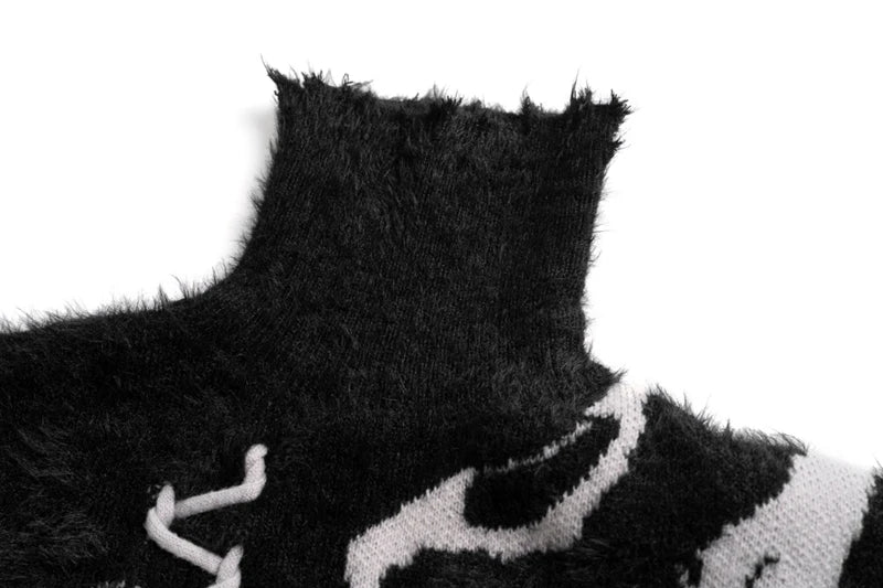 Front Lace Up Tie Dye Frayed High Neck Sweaters Men's High Street Retro Casual Oversized Unisex Woolen Clothes Knitted Sweater Street King Limited