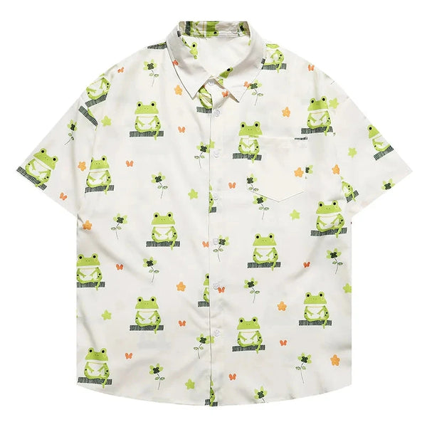 Men Shirts Frog Flower Print Cute Clothing Button Stylish Casual Tops Hawaiian Holiday Tops Unisex Summer New Style Street King Limited