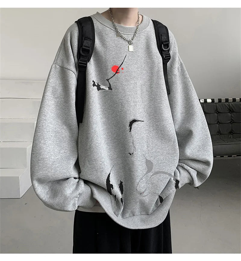 Ink Painting Cartoon Crane Printed Pullover Hoodies For Men 2024 New Hip Hop Fashion Crewneck Hoody Y2K Streetwear Sweatshirts Street King Limited