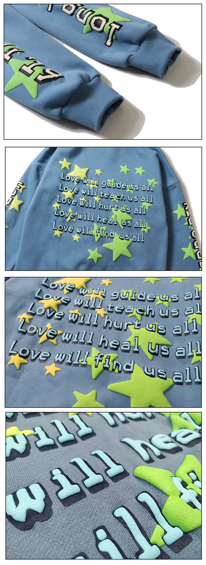 High Street Letter Foam Stars Print Men's and Women's Fleece Hoodie Retro Autumn and Winter Casual Pullover Hooded Sweatshirts Street King Limited