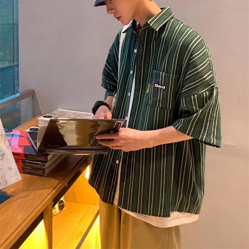 Streetwear Summer Mens Vintage Striped Shirts Letter Print Short Sleeve Casual T 2024 Summer Mens Vintage Striped Shirts Letter Print Short Sleeve Casual T Shirt Clothing Y2K Streetwear Loose Social Camisas Fashion Sweater Jacket With Graphic Design For Men