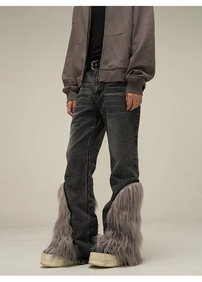 harajuku denim straight jeans men trousers high street zipper detachable fur bottom streetwear casual loose joggers jean pants unique joggers style 2963
