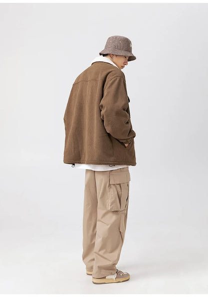 fashion men lamb fleece polo collar cotton padded coat winter embroidery loose thicken warm corduroy wadded jacket male outwear unique default style 6039