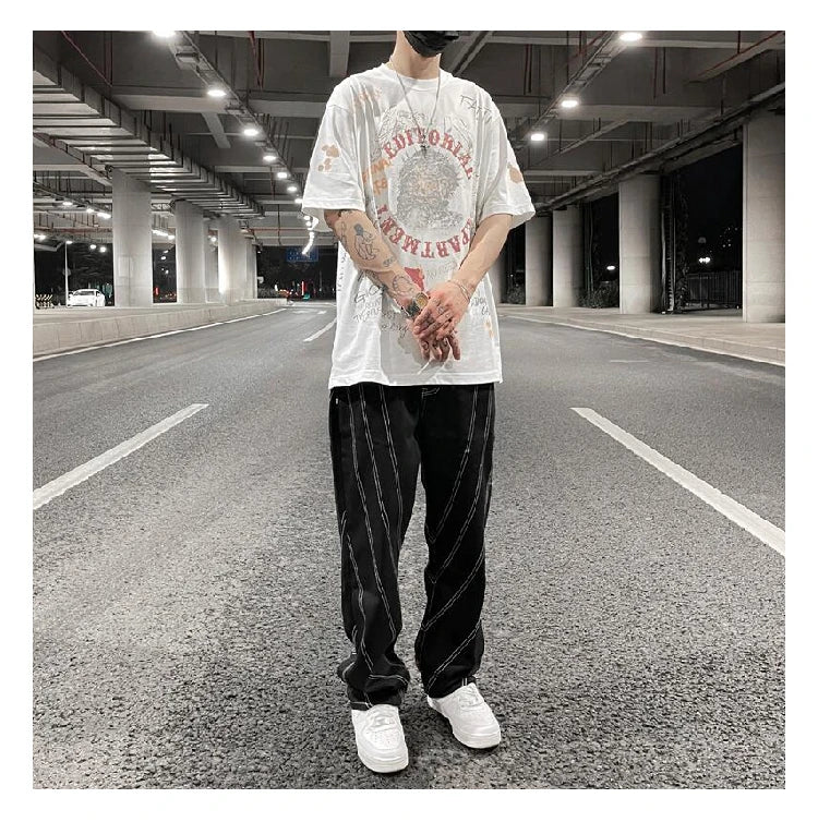fashion design lines denim jeans mens zipper loose straight trousers hip hop new casual streetwear pants joggers baggy jeans unique joggers style 425