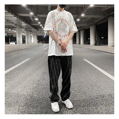 fashion design lines denim jeans mens zipper loose straight trousers hip hop new casual streetwear pants joggers baggy jeans unique joggers style 425