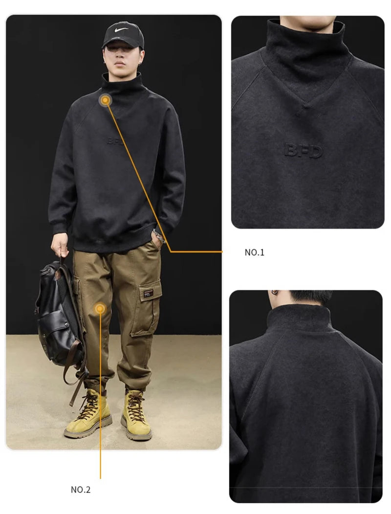 Autumn Suede Turtleneck Long Sleeve Sweatshirts Men Letter Foam Print Patchwork Crewneck Pullover Hoodie Y2K Streetwear Clothes Street King Limited