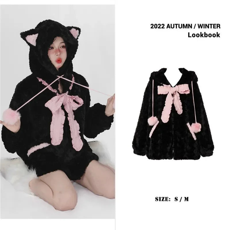 Harajuku Little WildCat Hoodies Women Bodysuit Black Tie Bowknot Cute Loose Goth Coat Y2k Style Kawaii Winter Clothes Women Street King Limited