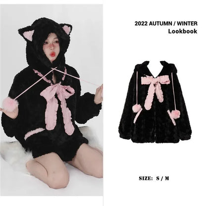 Harajuku Little WildCat Hoodies Women Bodysuit Black Tie Bowknot Cute Loose Goth Coat Y2k Style Kawaii Winter Clothes Women Street King Limited