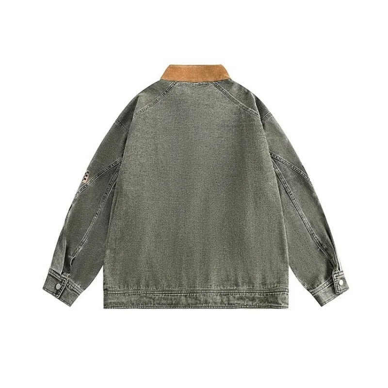 motorcycle hip hop mens cowboy jackets autumn 2024 embroidered washed trend denim coats stand collar color blocking outwear unique jeans style 2771