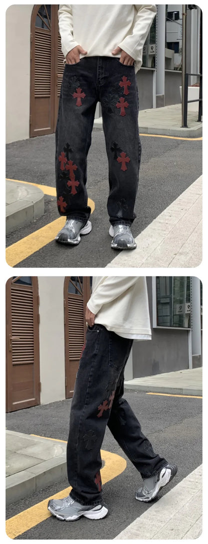 men embroidery streetwear brand fashion hip hop loose casual straight motorcycle denim jeans pant cityboy y2k jeans trousers urban skinny jeans