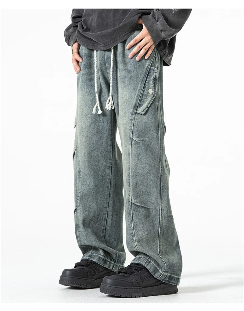 2025 new hip hop multi pockets straight jeans for men high street cargo denim pants spring y2k vintage distressed baggy jean unique cargo style 3357