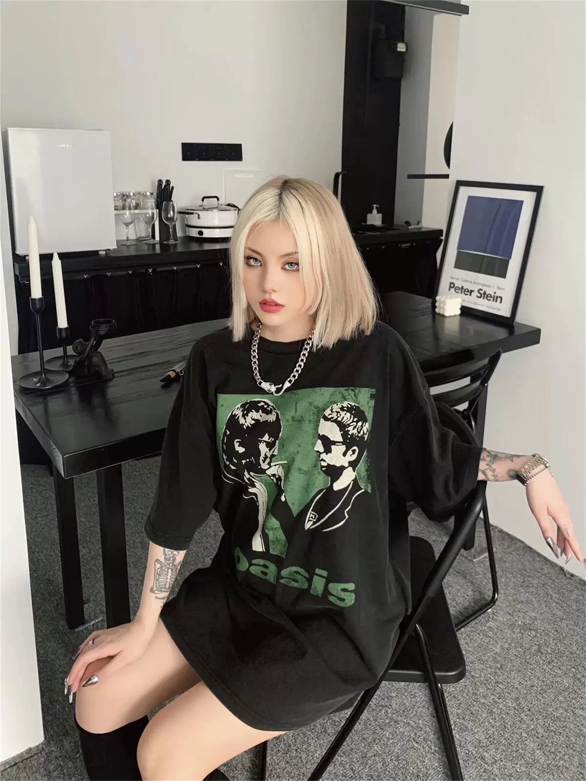 Vintage Rock Band Tee OS Washed Old High-Street Portrait Print Casual Loose Cotton Couple Tops T-Shirt For Summer Street King Limited
