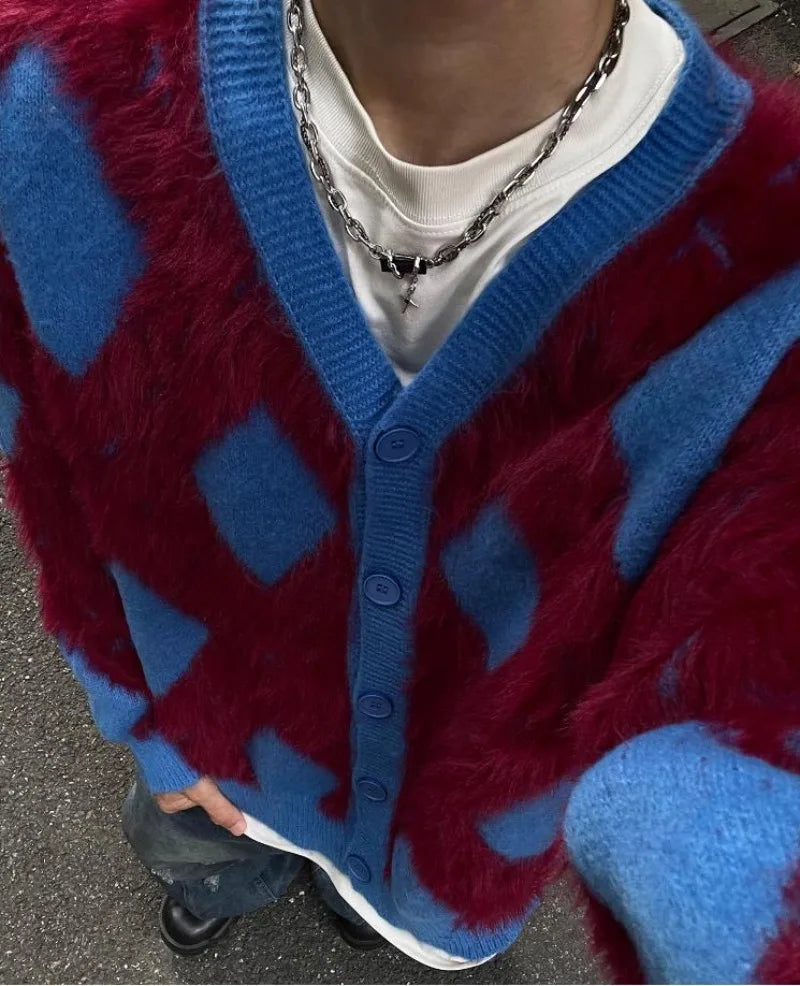 2024 New College Casual Mens Cardigan Autumn Diamond Grid Color Block Street Unisex Knitted Jacket Loose V-neck Sweater Coats Street King Limited