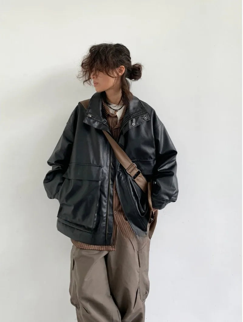 japanese spring pu leather jacket mens high street black profile tooling pilot jacket loose standing collar motorcycle outwear unique default style 2065